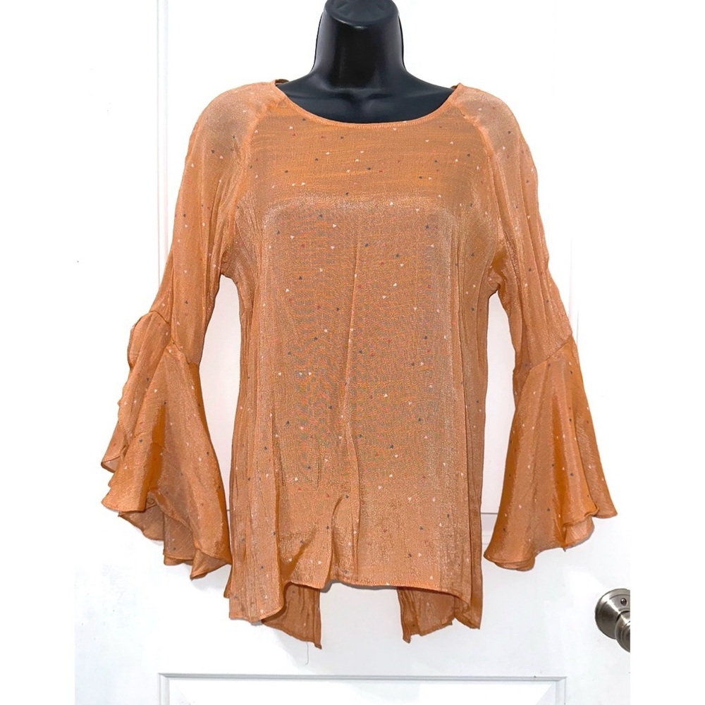 LC Lauren Conrad orange-toned blouse w/ bell sleeves, scattered metallic dots
